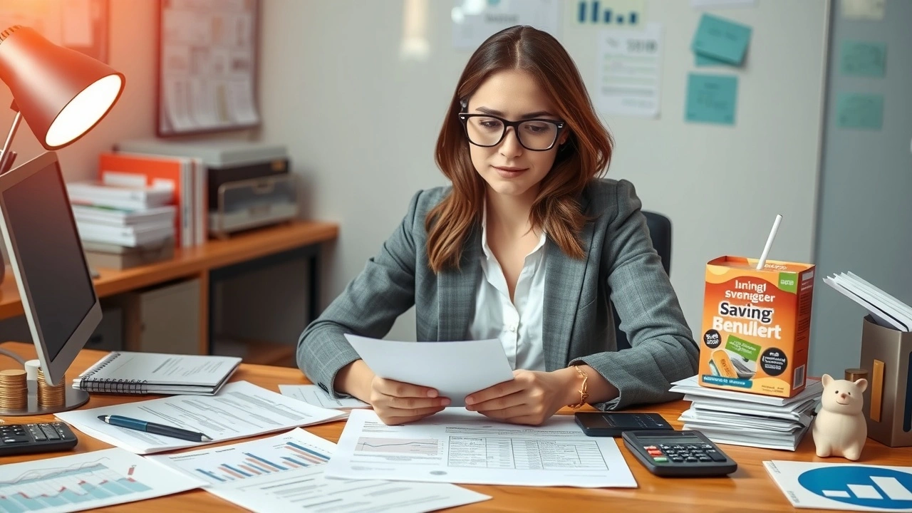 person examine documents sur une table avec des produits d'epargne