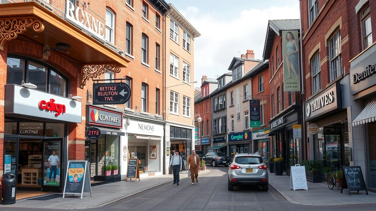 quartier commercial avec divers commerces et entreprises